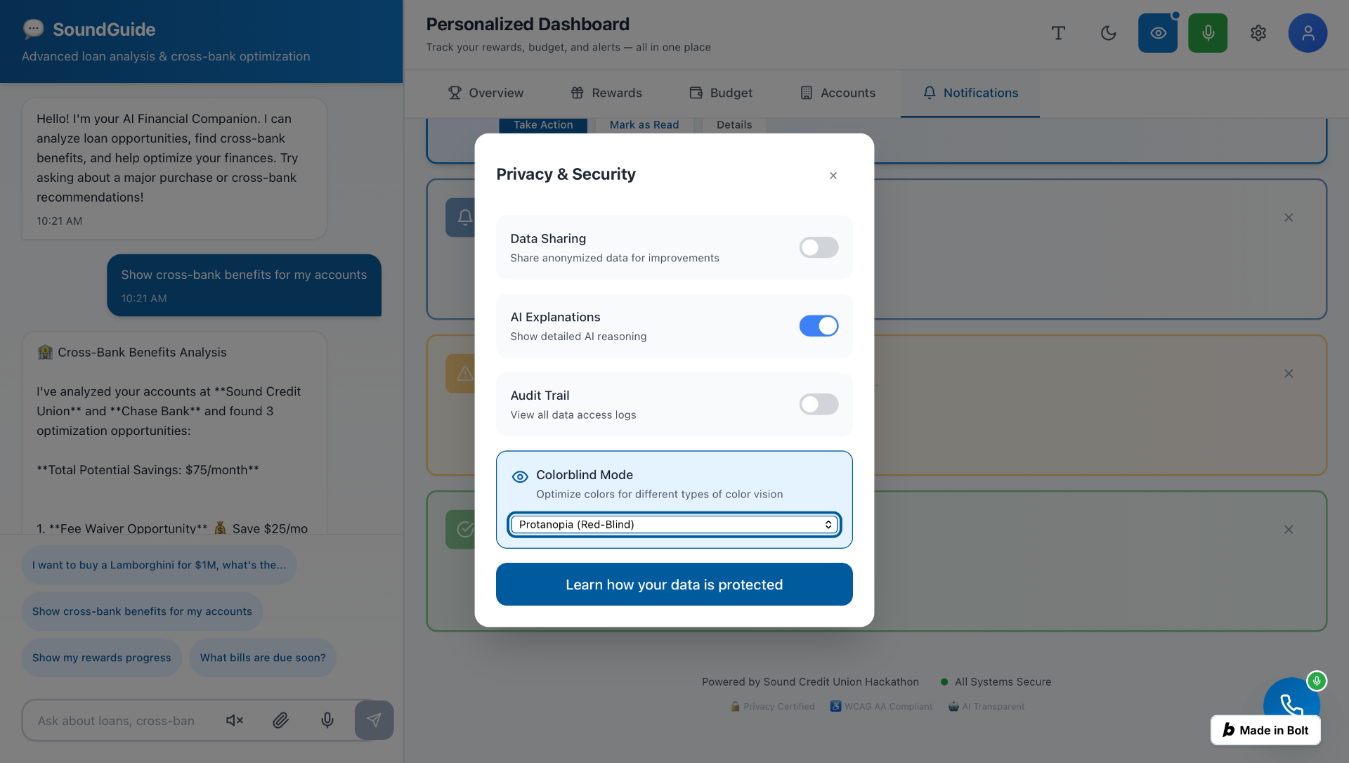 SoundGuide accessibility and privacy controls